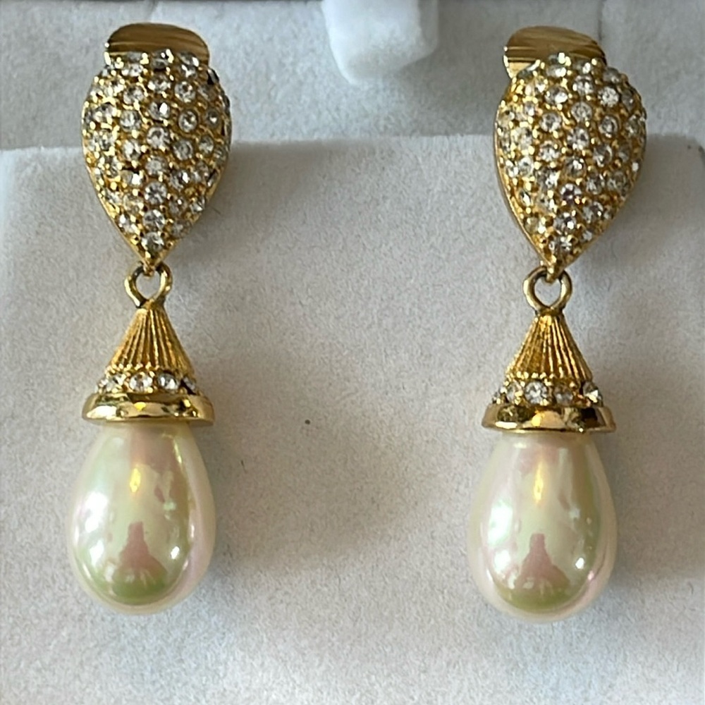 Christian Dior gold-tone, crystal accent & faux pearl drop clip earrings - 1980s